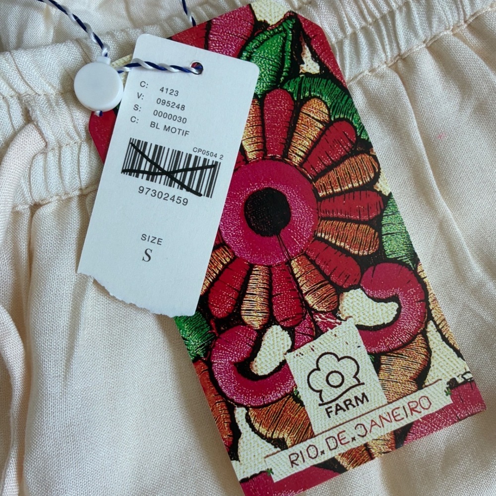 Farm Rio Anthropologie Floral Wide Leg Pants Cream Navy Blue Beaded Tassel Small - Picture 6 of 14